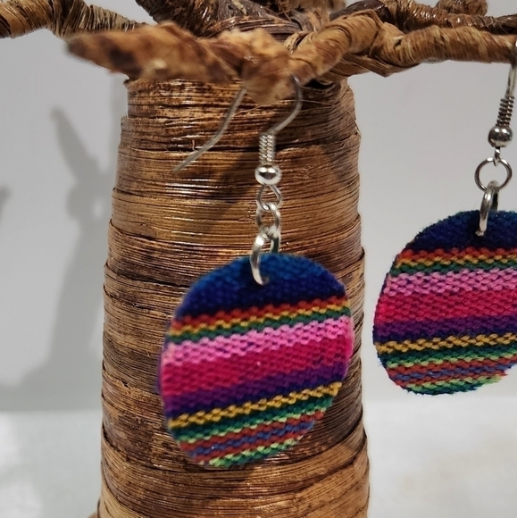 Rainbow Pride Fabric Round Circle Drop Dangle Silver Fish Hook Earrings - Picture 6 of 8